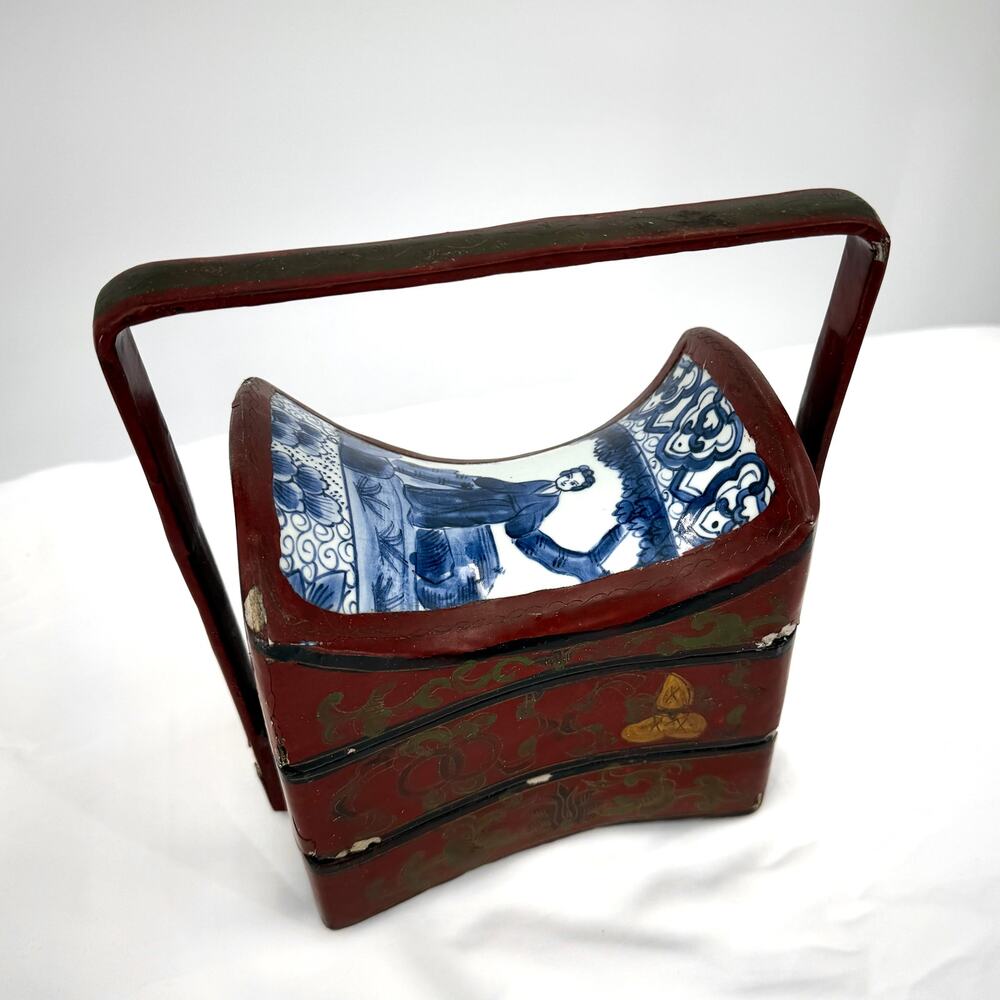 Vintage 1970s Chinese Red Lacquer Porcelain Shard Wedding Basket